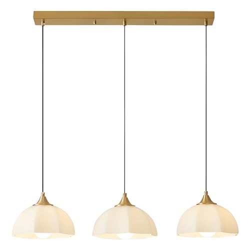 Magiroz Modern 3 Light Pendant Lighting Gold Linear Dining Room Light Fixture Milk Glass Linear Chandelier Brass and White Pendant Lights Kitchen Island 3 Bulb Hanging Ceiling Light MPL17-3S GD