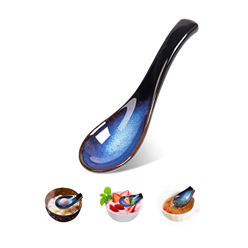 Japanese Style Soup Spoon Ceramic Ramen Soup Spoons Chinese Blue Asian Soup Spoon Retro Porcelain Spoon Rice Spoons for Oatmeal Stews Udon Pho Wonton Dumpling Miso Dishwasher Safe