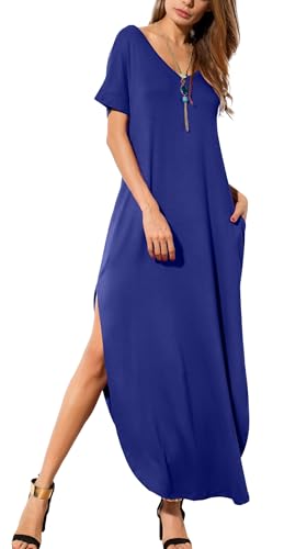 Image of GRECERELLE Women's Summer Maxi Dress Casual Loose V Neck Short Sleeve Side Split Long Dresses with Functional Pockets