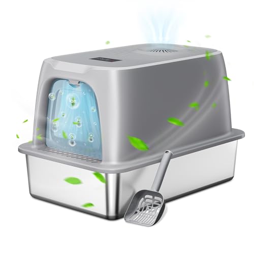 Enclosed Stainless Steel Litter Box, Extra Large Covered Cat Litter Box for Big Cats, Metal Litter Box with Lid, Easy to Clean, Anti-Urine Leakage