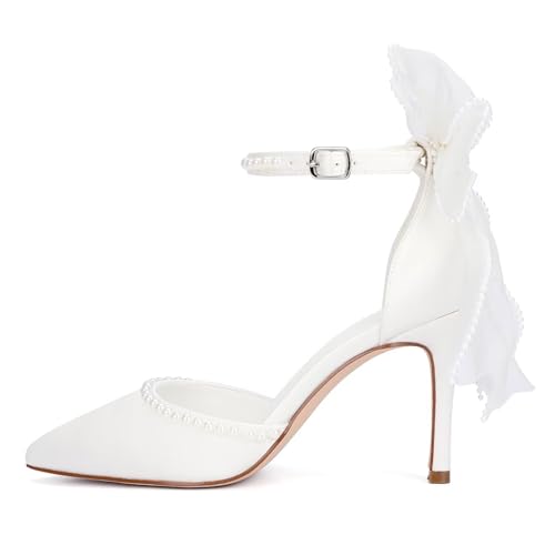 Women’s Bow Tie Back Heels Pearl Wedding Shoes for Bride Closed Toe Bridal Shoes3
