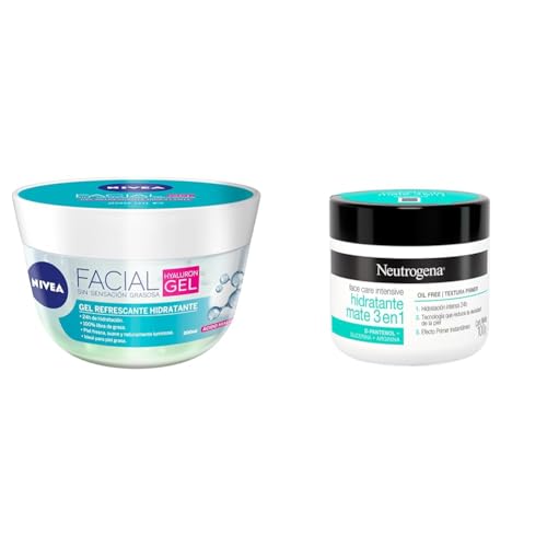 Cuidado Facial, Beauty NIVEA Gel Facial Refrescante Cuidado Facial 200 ml con ácido hialurónico + Neutrogena Crema Hidratante Facial Mate 3 en 1 Face Care Intensive D Pantenol 100 g