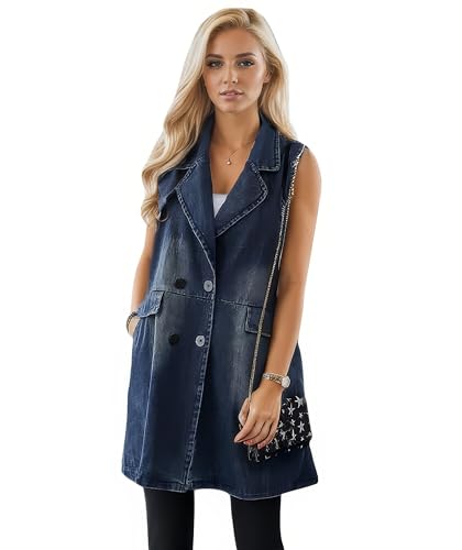 Womens Sleeveless Lightweight Long Denim Vest With Pockets Vintage Button Down Loose Jean Jacket - Main Image