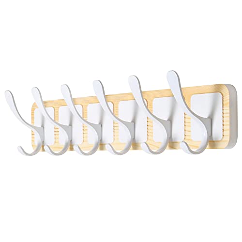 SKOLOO Perchero de pared de madera estilo Scandi, perchero con 6 ganchos para colgar abrigos, sombreros, ropa, bufandas, perchero de madera, natural y blanco
