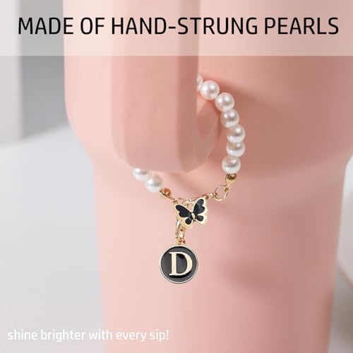 Image of Letter Charm for Stanley Cup,Pearl Chain Accessories Stanley Cup Initial Charms for Handle Stuff Decor Water Bottle Jewelry Tumbler Cute Personalized Name ID Decorations Black Tag (D)