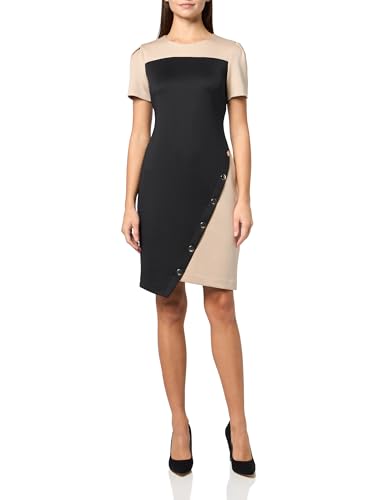 Image of Tommy Hilfiger Women's Short Sleeve Jewel Neck Colorblock Studded Asymmetrical Hem Crepe Mini Dress