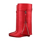 LISHAN Wedge Heel Long Boots for Women Knee High Fold over Shark Chunky Block Heel Slip on Pointed Toe Pull on Shoes Soft Pu Wide Calf Goth Boots Red Size7