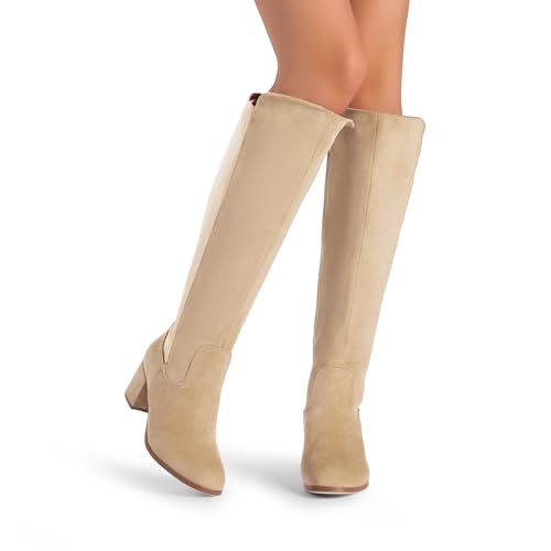 DREAM PAIRS Women's Knee High Stretchy Fashion Boots,Size 8,Nude-Suede,JENNIFER-3