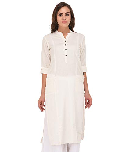 Image of Pistaa's Women's Cotton Relaxed Fit Straight Solid Kurta With Two Patch Pockets