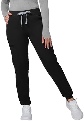 Kitmaz Scrub Pants for Women - Mid Rise 4-Way Stretch Anti-Wrinkle Slim Fit Jogger Pants, Drawstring & 5 Pockets(Black,M)