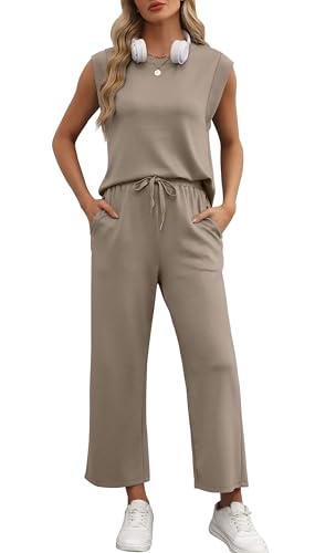 OFEEFAN Lounge Sets for Women 2 Piece Matching Sets Spring Summer Outfits Casual Cap Sleeve Crewneck Wide Leg Pants2