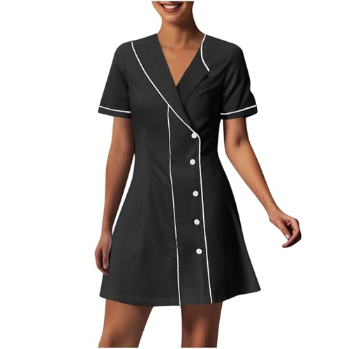 Women Nurse Dress Button Down Short Sleeve Scrub Uniforms Housekeeping Spa Pocket Work Dresses 2025 Workwear