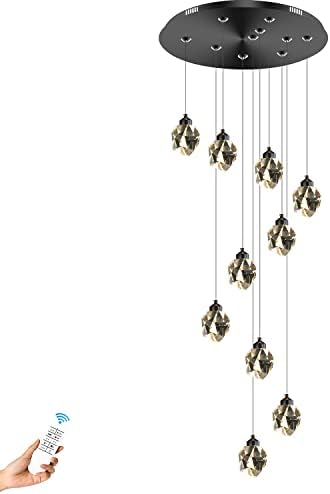 IDEQUY 10-Lights Black Staircase Crystal Chandeliers for Living room120inches Long Foyer Entrance Crystal Pendant Light High Ceiling Crystal Chandeliers Dimmable 3000-6000K LED