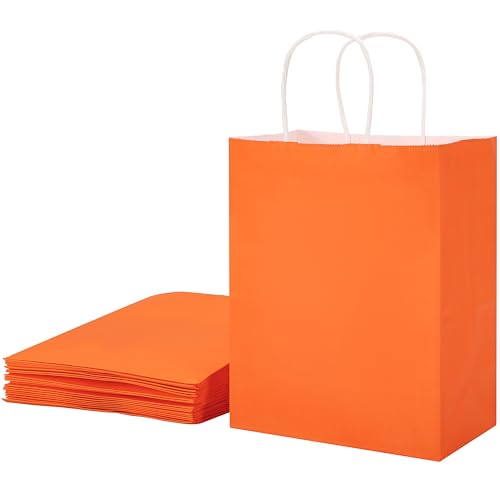 SUNCOLOR 25 Pack Orange Gift Bags with Handles 8x4.5x10 Medium Bags for Shopping Retail DIY Wedding Party Favors & Special Occasions