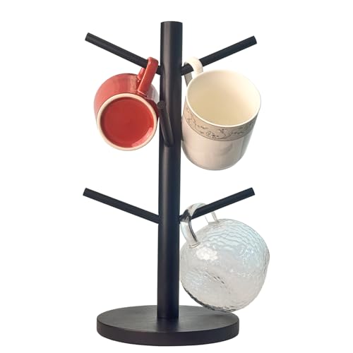 Hniuyun Mug Holder Tree, Coffee Mug Hanger, Black Wood Coffee Cup Holder with 6 Hooks, Non-Slip Mug Rack for Home Storage and Organizer