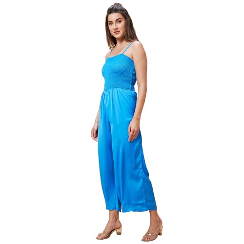 Image of Globus Women Blue Solid Smocked Strappy Party Jumpsuit-3639654001