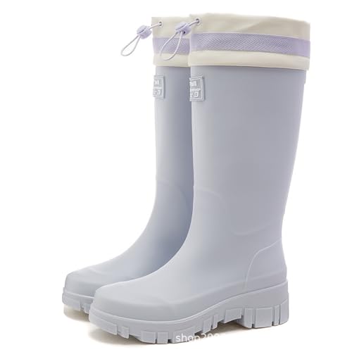 AZAGNEEM Mid Calf Rain Boots for Women Fashion Wide Width Waterproof Non-Slip Platform Chunky Heel Outdoor Work Rain Shoes Lightweight Comfortable Garden Boot Outdoor Mud Boots (Blue Rope Long,8.5)