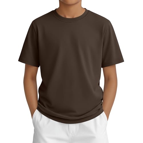 LessonZoo Boys Short Sleeve Shirts Kids Summer Crew Neck T-Shirt Loose Fit Solid Tops Casual Basic Tee for 5-16 Years(Brown 9-10 Years)