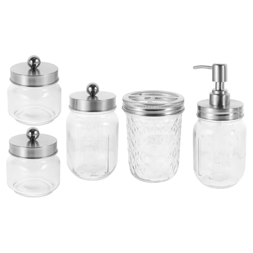 HOLIDYOYO Juego de Accesorios de Baño 5 Piezas en Color Plateado Dispensador de Jabón Líquido Tipo Tarro Mason, Soporte para Cepillos de Dientes y 3 Recipientes para Almacenamiento,
