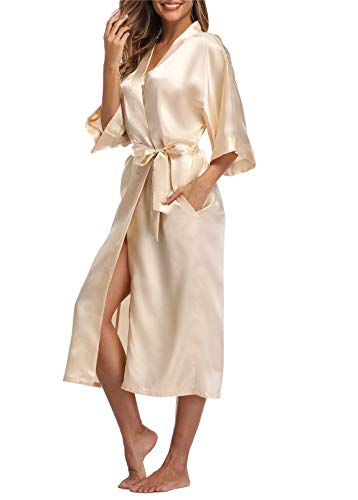 Vogtory Women's Satin Robes Pure Color Long Kimono Bathrobes Soft Nightgown, Color: Gold,S #TOP2
