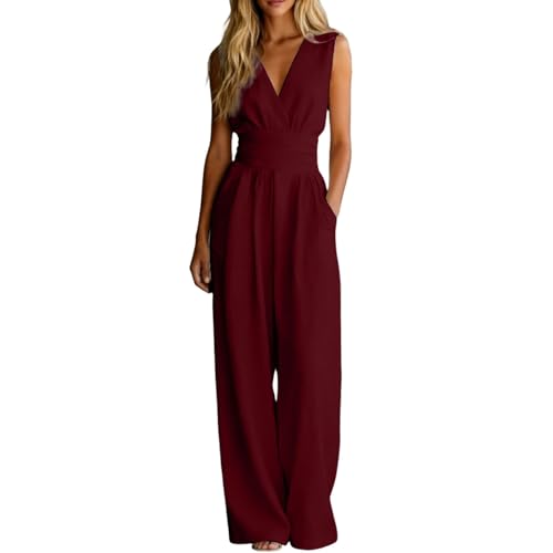 Generisch Jumpsuit Damen Elegant Overall Damen Festlich Weites Bein Hosenanzug Frauen Ärmellose Hochzeitsgast Jumpsuits Mit Tasche Summer Overalls V Ausschnitt Playsuit Buisness Romper (Wine M)