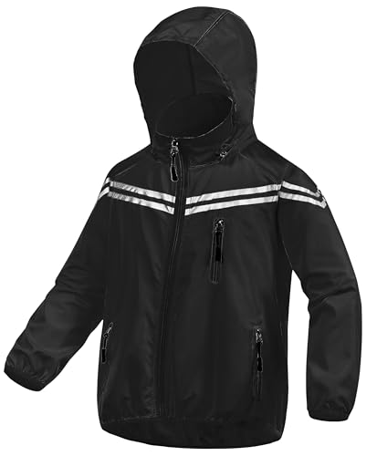 Image of CREATMO US Boys Girls Rain Coat Kids Reflective Cycling Jacket Waterproof Packable Children Windbreaker With Removable Hood