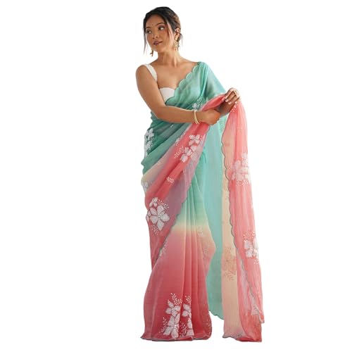Image of Women's Orange-Yellow Ombre Saree with Floral Embroidery | Lightweight & Festive Saree | Elegant Ethnic Wear for Women