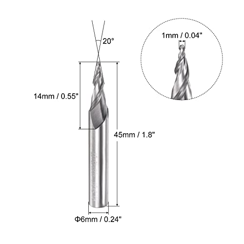 Image of uxcell Tapered Ball Nose End Mill, Uncoated Solid Carbide 2 Flute Spiral Milling Cutter, 0.5mm Radius, 1mm Diameter, 6mm Shank, 45mm Length, 20 Degree Angle