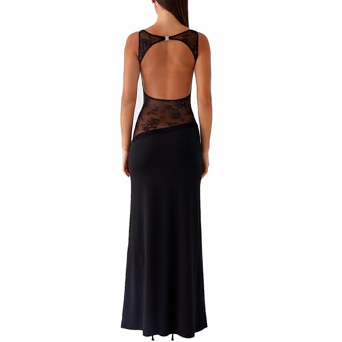 XIXIMAON Robe Longue Sexy Moulante Dos Nu pour Femme Robe de Soirée Cocktail Elégant sans Manches en Dentelle Patchwork Y2K Clubwear (Noir, S)