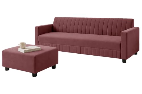Image of Modern 3-Seater Velvet Sofa with Ottoman | Vertical Channel Tufted Backrest | Plush Cushioned Seating | Stylish Contemporary Sofa for Living Room, Bedroom & Office | Rose Pink