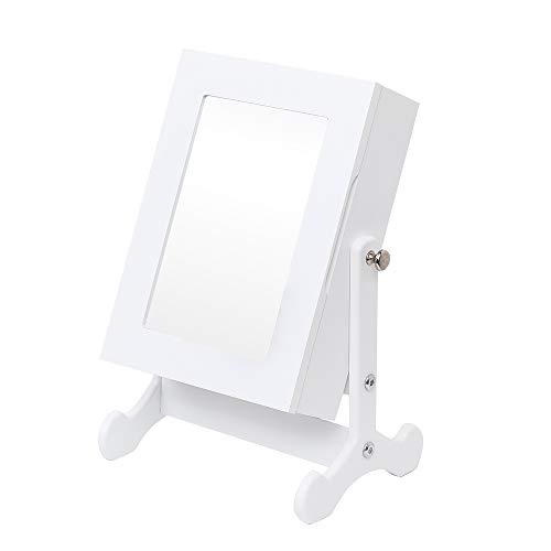 Helloland Mirrored Make Up Jewelry Cabinet Organizer Mini Table Tilting Jewelry Armoire Storage Box Organizer Countertop With Stand, 8.7" X 5.7" X 11.8" (White) #TOP6