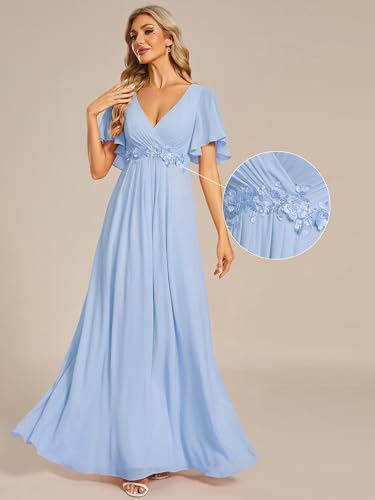 Image of Ever-Pretty Womens V Neck Applique Mother of the Bride Dresses Formal Dress | Chiffon, Short Sleeves, Ruched, A-Line, Bridesmaid Dresses, Formal Gown, Black Tie Dress
