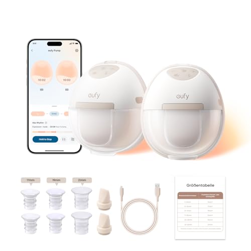 eufy Tragbare Milchpumpe E20 Elektrische Milchpumpe mit Wärmefunktion 3 Heizstufen HeatFlow Technologie freihändig anpassbarer Rhythmus in der App Krankenhausqualität Saugkraft leise & diskret
