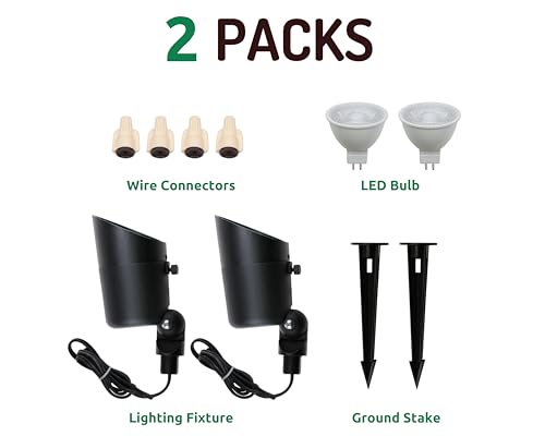 Lumina Lighting® 4W Landscape Lighting 12V Landscape Lights Low Voltage Landscape Spotlights Warm White Waterproof Outdoor Replaceable LED Bulb for Garden, Lawn, Porch, Patio and Yard(Black, 2-Pack)