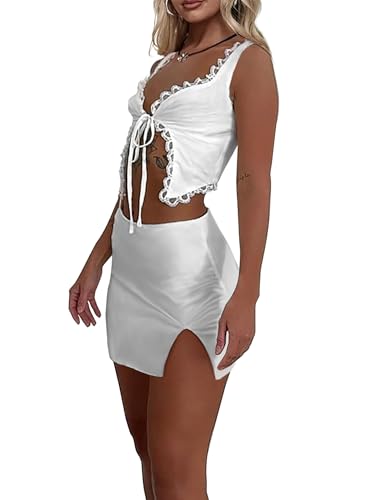 Image of CSDAJIO Women's Lace Trim Open Up Tie Front Crop Tank Top and Bodycon Mini Skirt Sexy 2 Pieces Sets Summer Outfits