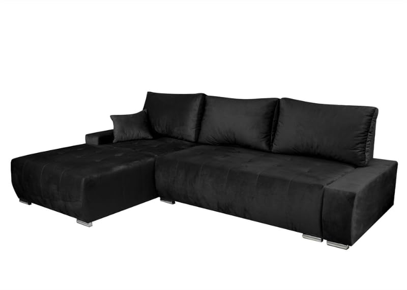 Links Ecksofa mit Schlaffunktion GARIX - Modernes L-Sofa 3 sitzer - Wohnzimmer Sofa - Kleine Sofa mit Bettkasten - Solider Rahmen - Samt - Schwarz
