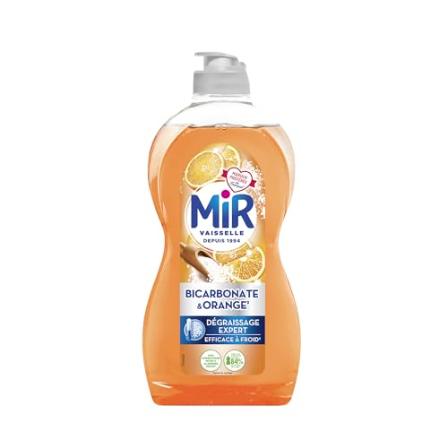 Mir Vaisselle - Bicarbonate & Orange - Dégraissage Expert - Efficace à Froid - Bicarbonate de Soude - Sans Conservateurs - Sans Allergènes Parfum - Marque Préférée des Français - Bouteille de 450 ml