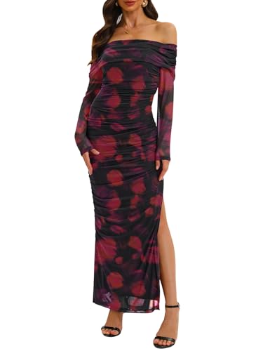 Relipop Women Long Sleeve Maxi Dress with Slit Stretch Sexy Bodycon Mesh Ruched Formal Wedding Guest Cocktail Long Dresses Floral Black Rose Red Large