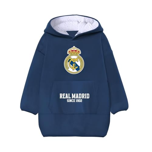 Real Madrid Sudadera Oversize con Capucha Sherpa, Azul Marino, Interior Forrado, Diseño Oficial Since 1902, para Adultos y Niños, Bolsillo Canguro (Adulto)
