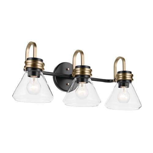 Image of Kichler Farum 26 inch 3-Light Bathroom Vanity Light Fixture with Clear Glass in Black, Modern Wall Mount Over Mirror for Single or Double Vanity, Powder Room (26 inch x 9.5 inch x 9.5 inch), 55155BKCLR