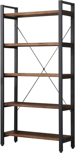 Image of 5-Tier Industrial Bookshelf with Solid Wood Shelves & Metal Frame | Open Display Storage Rack for Living Room, Bedroom, Office, Study | Book self | Rustic Brown | 80x30x160 cm
