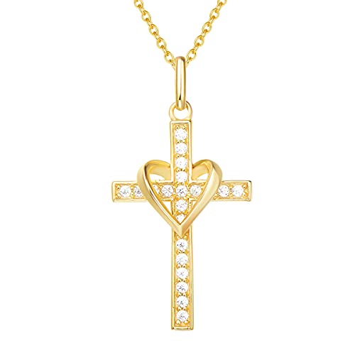 FANCIME Collier Croix Femme Argent 925/1000 Plaqué Or Jaune Chretienne Religieux Infini Coeur Pendentif avec Zircone Cubique - Chaîne Ajustable: 40 + 5 cm