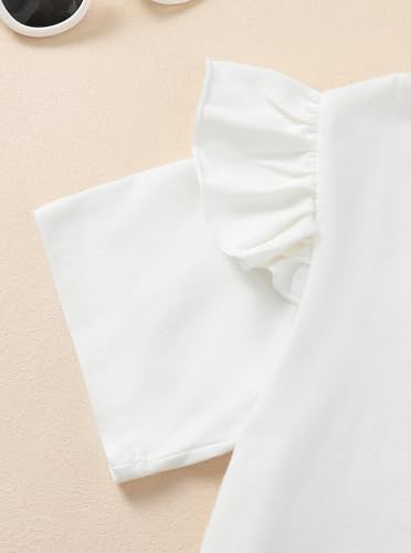 Image of Girls Flutter Sleeve Tops Short Sleeve Summer T Shirts with Ruffle Trim Pocket White Blouse White 13-14 Years