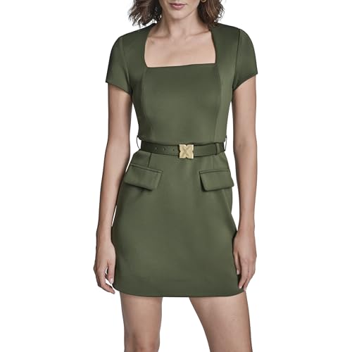 BCBG Women's Cap Sleeve Square Neck Belted A-line Mini Dress