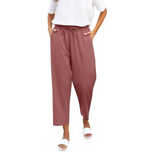Linen Clothes for Seniors Women's Breathable Cotton-Linen Pants Casual Summer Crop Trousers High Waisted Drawstring2