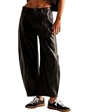 Women Faux Leather Pants Low Rise Baggy Barrel Jeans Wide Leg Trousers with Pockets Black