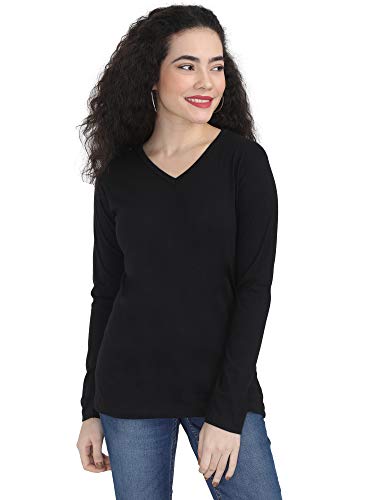 Image of FLEXIMAA Women's Cotton Plain V Neck Full Sleeve T-Shirt