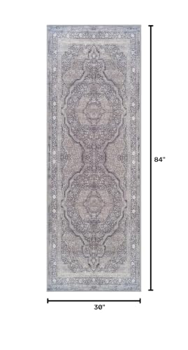 Image of Bloom Rugs Washable Non-Slip 7 ft Runner - Blue /Steel Gray /Beige Traditional Medallion Runner for Entryway, Hallway, Bathroom, and Kitchen - Exact Size: 2.5' x 7'