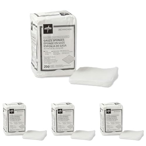 Image of Medline Gauze Sponges, 4 x 4 inch, 100% Cotton, 200 Count | 8-Ply | Woven | Non-Sterile | Pack of 4