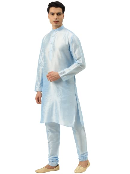 Sojanya (Since 1958 Men's Silk Blend Skyblue Kurta Pyjama & Peacockblue Self Design Nehru Jacket Combo